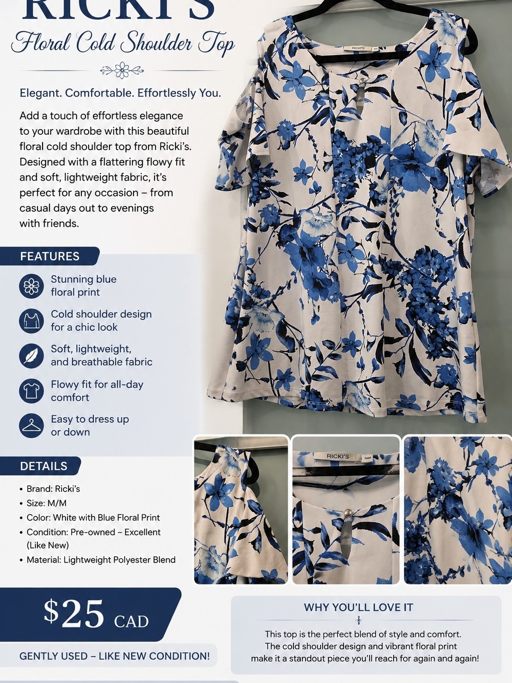 Ricki's White Cold-Shoulder Top with Blue Floral Pattern